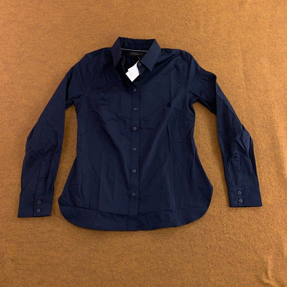 Banana Republic Womens 0 Navy Blue Tailored Fit Stretch Button Down Shirt NWT